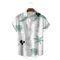 Close-up detail of the tropical palm tree printed pattern on the summer men's Hawaiian shirt. - S / Tops / Green White Cartoon Coconut Tree (CSZW-1006)