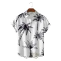 Men's summer short sleeve Hawaiian shirt with casual loose fit and black palm tree print. - S / Tops / Black White Hand Drawn Coconut Tree (CSZW-1010)