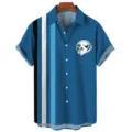 Detailed view of men's casual short-sleeve Hawaiian shirt featuring tropical coconut print. - S / Tops / Bright Blue Colorful Stripe
