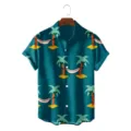 Men's summer short sleeve Hawaiian shirt with tropical palm tree print, dark teal color. - S / Tops / Dark Cyan Coconut Tree Hammock (CSZW-1011)