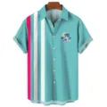 Turquoise Hawaiian shirt detail showing palm tree graphic and vertical pink white stripes. - S / Tops / Cyan Stripe