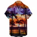 Men's short sleeve Hawaiian shirt with tropical palm tree sunset graphic print casual top. - S / Tops / CSM-0038
