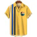 Men's casual summer short sleeve hawaiian shirt with retro sunset surfer print fashion top - S / Yellow Sunset Stripe