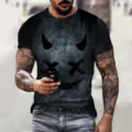 Detail view of the demon smiley 3D graphic print on mens casual short sleeve summer tee. - S / Tops / Evil Smile Black