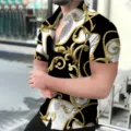 Close-up detail view of luxury baroque gold chain print short sleeve shirt for men fashion. - M / ZC-1443