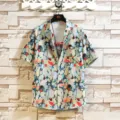 Detailed view of men casual short sleeve Hawaiian floral shirt with pebble print for summer vacation. - 3XL / Tops / Multi-Color Floral (HJ-DX410)