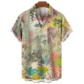 Tropical botanical print short sleeve shirt detail, vibrant floral and leaf pattern. - S / Tops / YS-1