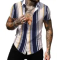 Camicia uomo manica corta a righe retro casual vintage top con risvolto primavera - Taglia S / Righe Verticali Blu Bianco Cachi (CSDX-49)