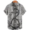 Men's vintage nautical map print short sleeve button-down casual Hawaiian summer shirt - S / Tops / Light Gray