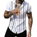 Vista dettagliata camicia casual uomo vintage a righe verticali manica corta bavero. - Taglia S / Righe Verticali Classiche Bianco e Nero (CSDX-51)