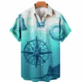 Men casual Hawaiian short sleeve shirt with 3D nautical compass digital print design. - S / Tops / Blue Gradient