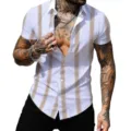 Chemise decontractee pour homme a manches courtes et rayures verticales retro printaniere - Base Blanche Rayures Verticales Kaki (CSDX-52)
