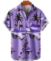 Men short sleeve Hawaiian shirt purple palm tree tropical beach button down summer top - S / Tops / Purple Palm Beach Print