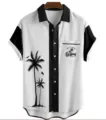 Men's casual short sleeve Hawaiian shirt detail featuring contrast black lapel and palm tree graphic print. - S / Tops / Black White Palm Patchwork