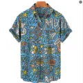 Men's casual short sleeve Hawaiian shirt with music doodle print, perfect for summer beach. - Blue Guitar (OFSY-03555)