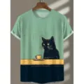 Casual 3D print men t-shirt with cute black cat coffee graphic crewneck short sleeve top - 3XL / Tops / Black Cat Coffee 3D Printed Style (OFSCL-23651638)