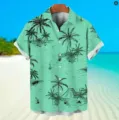 Men's casual tropical printed Hawaiian shirt, ideal for holiday beach vacation and summer. - Palm Sailboat (OFSY-03556)