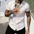 Men's short sleeve casual shirt with colorful gradient vertical stripe pattern detail view. - Colorful Vertical Gradient