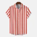 Red and white vertical striped short sleeve casual shirt detail view for men and summer wear. - S / Tops / HJT32