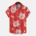 Summer red short sleeve casual lapel shirt with white floral print for men and women couple - S / Tops / HJT33