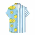 Camicia hawaiana casual a maniche corte da uomo con stampa limone e righe blu. - Limone Righe Blu Bianco Patchwork