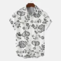 Casual short sleeve lapel shirt with black hand drawn floral print on white fabric. - S / Tops / HJT34