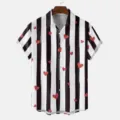 Close-up detail of casual short sleeve shirt featuring bold black and white vertical stripes. - S / Tops / HJT35