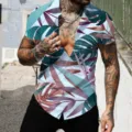 Gros plan détaillé sur le tissu et le col de la chemise hawaïenne homme à motifs tropicaux. - XS / HJB20