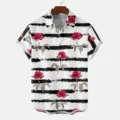 Men short sleeve casual lapel shirt with rose and stripe print stylish summer streetwear top - S / Tops / HJT36