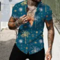 Detail chemise hawaienne homme manches courtes, imprime palmiers etoiles, vetement plage ete. - XS / HJB19