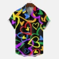 Casual short sleeve shirt with colorful graffiti heart print, summer lapel button down top. - S / Tops / HJT37