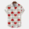 Men's casual short sleeve lapel shirt with cute red and white heart print pattern. - S / Tops / HJT38