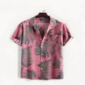 Men's short sleeve casual shirt in pink with tropical fern leaf print, lapel collar. - M / PNJ0864