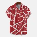 Red heart print short sleeve turn-down collar casual button-down shirt detail view - S / Tops / HJT39