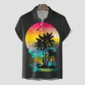 Herren Kurzarm Hawaiihemd mit 3D Sonnenuntergang Palme Grafik, Sommer Freizeit Strand Top. - CSGY-0013 / S