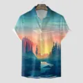 Herren Kurzarm Hawaiihemd mit landschaftlichem Naturwald Print für die Sommermode. - S / Oberteile / Muster CSGY-0015