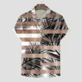 Herren Freizeit Kurzarm Hawaiihemd mit 3D tropischem Palmenblatt und Roségold Streifen Print. - S / Oberteile / Muster CSGY-0017
