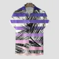 Herren Kurzarm Hawaiihemd mit lila Streifen und modischem Palmenblatt Print fur Sommer. - CSGY-0018 / S