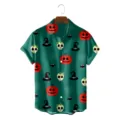 Men's Halloween green short sleeve button down shirt featuring spooky pumpkin and skull print. - 3XL / Tops / HJCS-2335