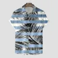 Detailansicht des lässigen Herren Sommershirts mit blauen Streifen und Palmblattmuster. - S / Oberteile / Muster CSGY-0020