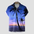 Herren Kurzarm Hawaiihemd mit 3D Strand Sonnenuntergang Palmen Druck Detailansicht. - S / Oberteile / Muster CSGY-0021