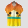 Herren Sommer Kurzarm Hawaiihemd mit tropischem Sonnenuntergang Strand 3D Druck Detail - CSGY-0023 / S