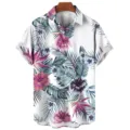 Close up detail of men's 3D tropical floral print short sleeve shirt, casual loose summer top. - S / Tops / CSM-0250