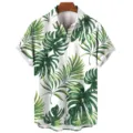 Men short sleeve shirt casual tropical plant leaf green print loose fashion button down - S / Tops / CSM-0251