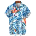 Detailed view of men's casual short sleeve shirt featuring vibrant 3D tropical leaf print. - S / Tops / CSM-0253