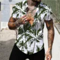 Men's short sleeve Hawaiian shirt with cool green palm tree 3D print for summer beach casual wear - S / Tops / CSM-0024