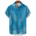 Detailed view of the men's blue short sleeve shirt featuring delicate white feather print. - S / Tops / CSM-0350