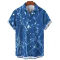 Detailed view of a blue short sleeve men shirt featuring white botanical graphic style. - S / Tops / CSM-0353