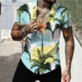 Men's short sleeve Hawaiian shirt with 3D palm tree print, casual summer beach button down top. - S / Tops / CSM-0025