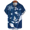 Men's blue short sleeve shirt with white botanical print casual loose button down top - S / Tops / CSM-0359